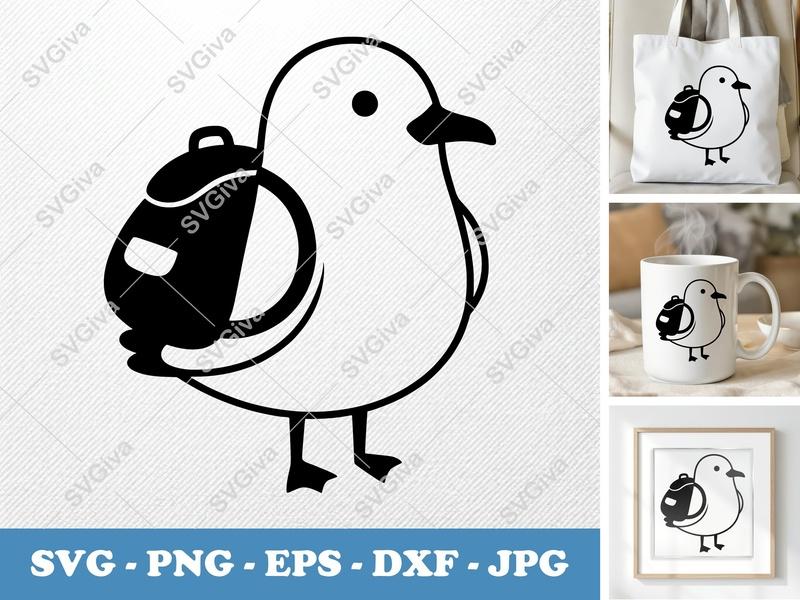 Seagull with Backpack SVG, Modern Bird Cut File, Funny Animal PNG, EPS, DXF for Cricut & Silhouette, School Backpack Design