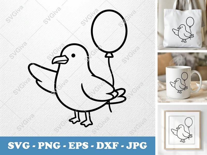Seagull with Balloon SVG | Cute Bird Cut File PNG DXF EPS Cricut Silhouette