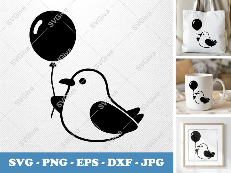 Seagull with Balloon SVG | Modern Bird PNG EPS DXF Cut File for Cricut & Silhouette | Cute Animal Vector Art