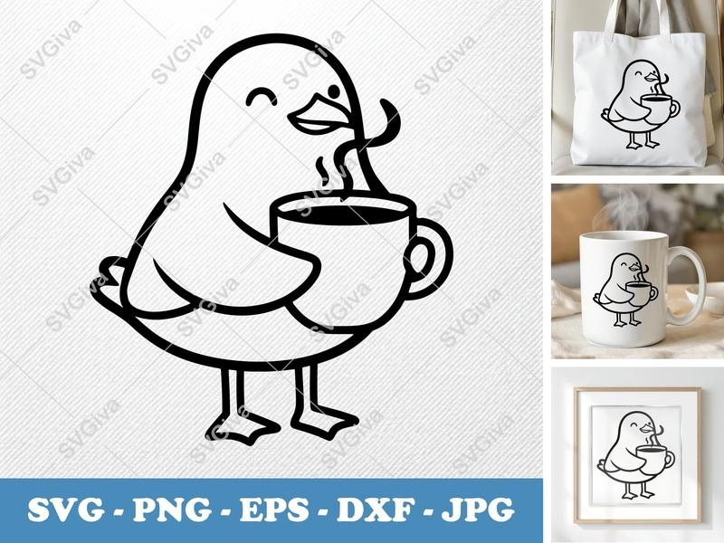 Seagull with Coffee Cup SVG | Friendly Rounded Body Bean-Shaped Forms | PNG DXF EPS | Cricut Silhouette Ready