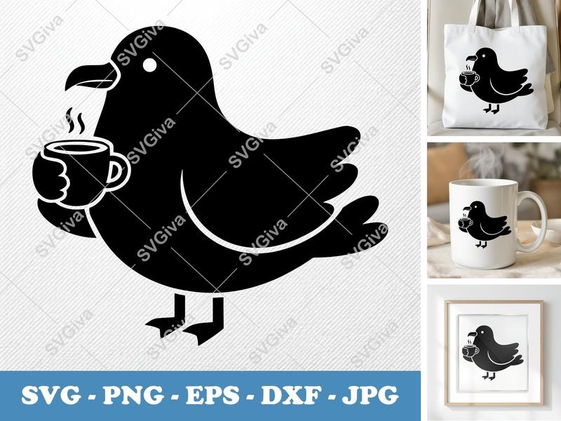 Seagull with Coffee Cup SVG | Puffy Pillow Soft Shapes PNG DXF EPS | Cricut Silhouette Cut File | Cute Bird Drink Digital Art