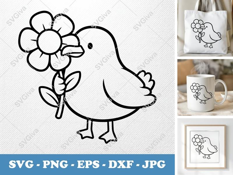Seagull with Flower SVG, Cute Bird Outline PNG, EPS, DXF | Cricut & Silhouette Cut File, Modern Animal Clipart