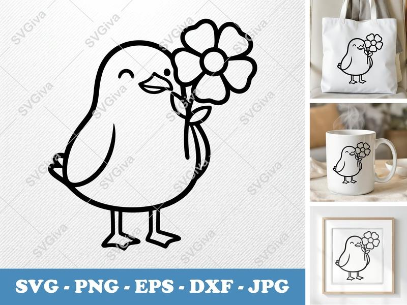 Seagull with Flower SVG | Friendly Rounded Body Bean-Shaped Cut File | PNG DXF EPS for Cricut Silhouette