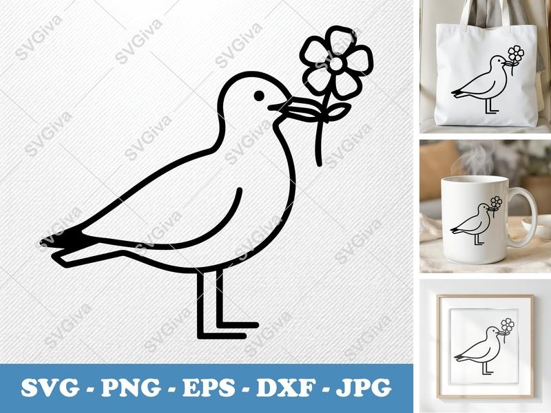 Seagull with Flower SVG | Minimalist Line Art | PNG DXF EPS | Cricut Silhouette File