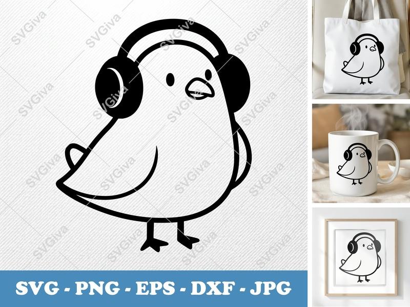Seagull with Headphones SVG | Cute Bird Design PNG EPS DXF | Cricut Silhouette Cut File | Modern Animal Clipart Gulls
