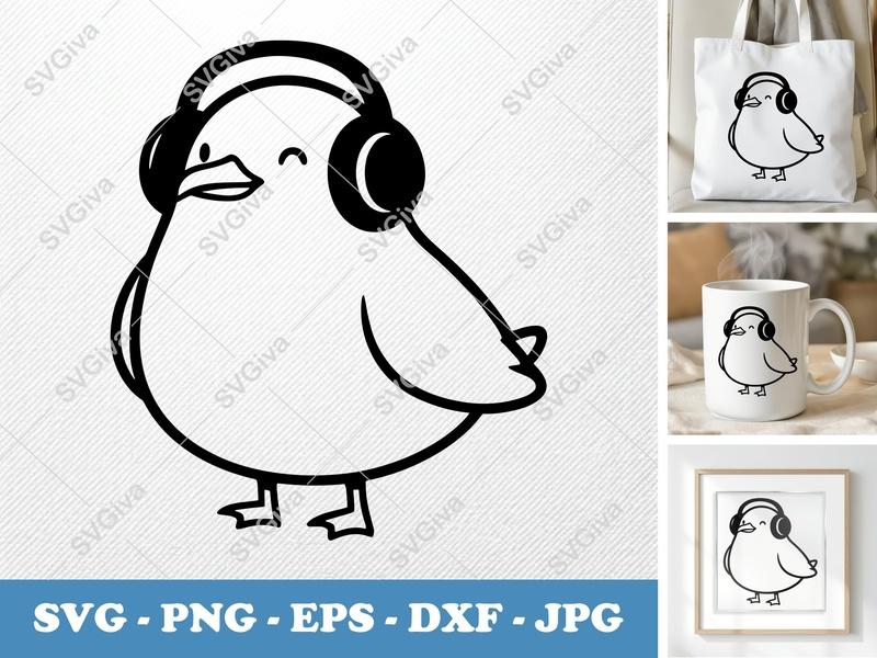 Seagull with Headphones SVG, Cute Bird Music Lover Design PNG EPS DXF for Cricut & Silhouette, Modern Cartoon Animal Cut File
