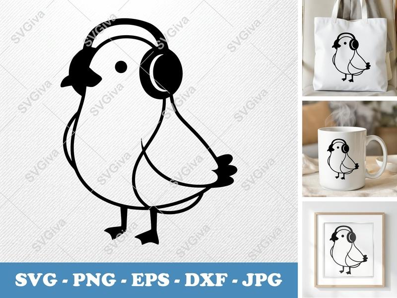 Seagull with Headphones SVG, Modern Bird Listening to Music, Cute Ocean Animal PNG EPS DXF for Cricut & Silhouette