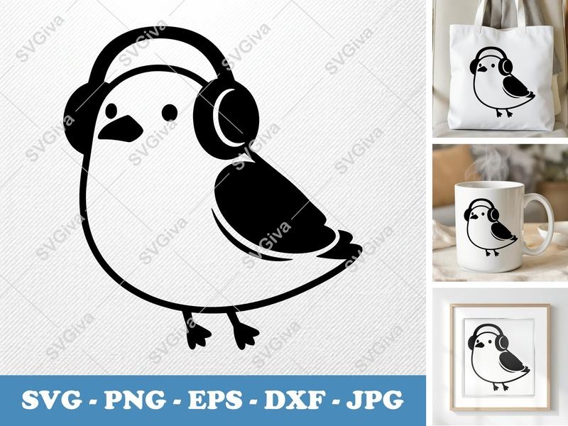 Seagull with Headphones SVG, Modern Cartoon Bird PNG EPS DXF, Music Lover Animal Cut File for Cricut Silhouette