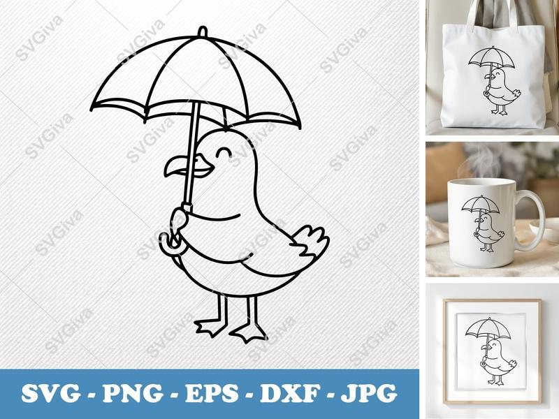 Seagull with Umbrella SVG, Cute Bird PNG, EPS, DXF Cut File for Cricut & Silhouette, Kawaii Animal Clipart, Outline Design