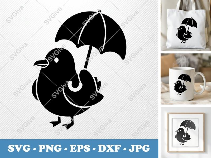 Seagull with Umbrella SVG | Cute Bird PNG EPS DXF | Modern Clean Design for Cricut, Silhouette Cut File