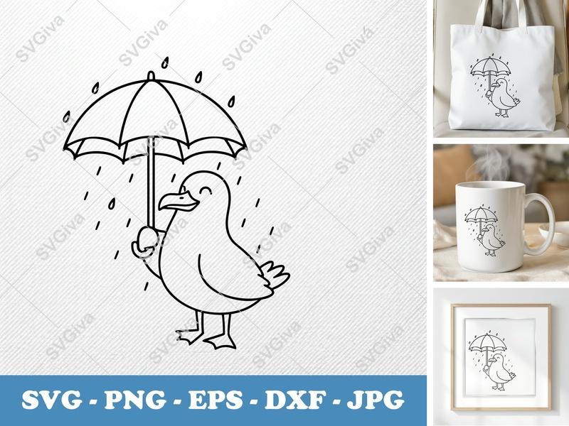 Seagull with Umbrella SVG | Cute Rain Bird PNG EPS DXF | Cricut Silhouette Cut File | Funny Weather Clipart