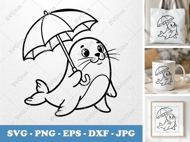 Seal holding umbrella SVG | Friendly Rounded Body Bean-Shaped Design | PNG DXF EPS | Cricut Silhouette File