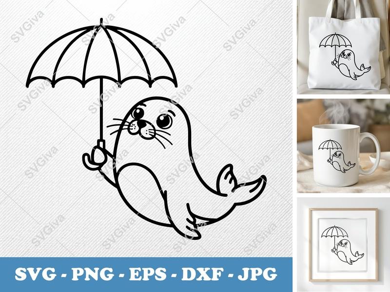 Seal Holding Umbrella SVG | Minimalist Double-outline Cut File | Thick Contour Thin Lines | PNG DXF EPS | Cricut Silhouette