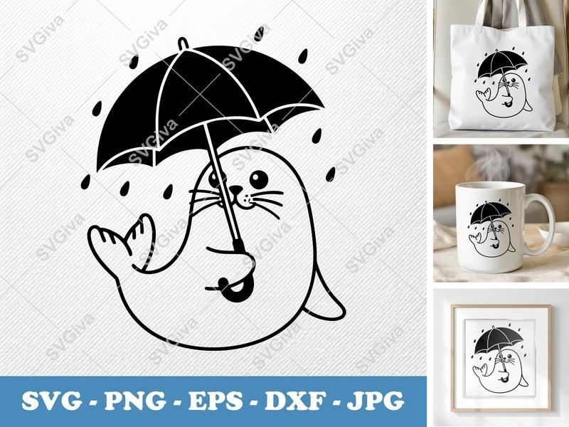 Seal Holding Umbrella SVG | Puffy Inflated Shapes | PNG DXF EPS | Cricut Silhouette File