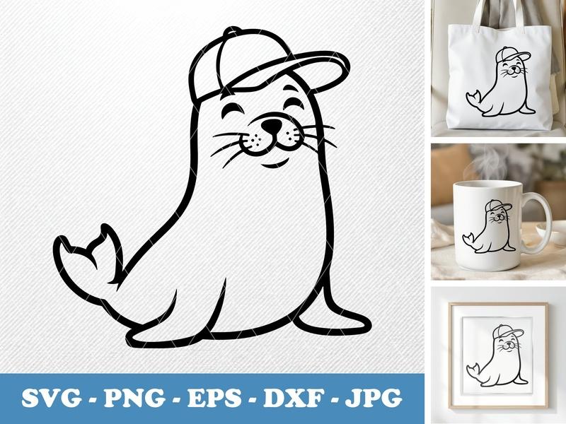Seal in a cap Bold Outline SVG, Cute Animal Design, SVG, PNG, EPS, DXF, Cricut Cut File, Silhouette Vector, Seal Clipart