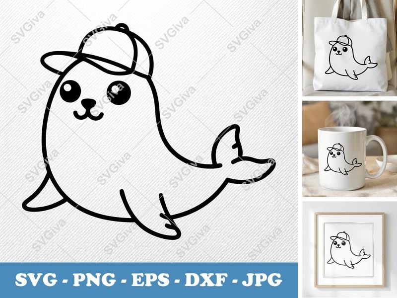 Seal in a Cap SVG | Minimalist Cartoon Vector | PNG DXF EPS | Cricut Silhouette File