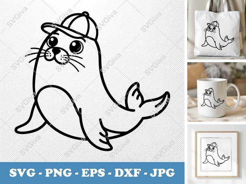 Seal in a Cap SVG | Minimalist Double-Outline Design | PNG DXF EPS | Cricut Silhouette Cut File