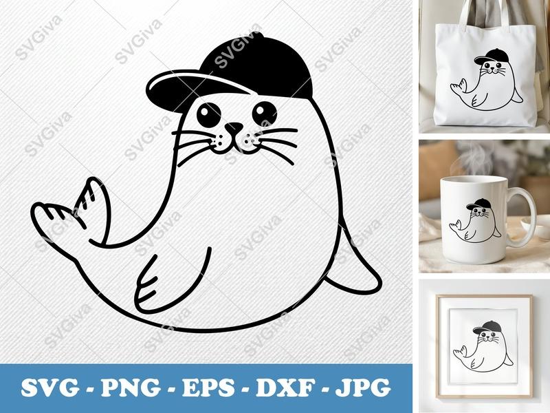 Seal in a Cap SVG | Puffy Cartoon Design | Inflated Pillow-Soft Cut File for Cricut, Silhouette | PNG, DXF, EPS