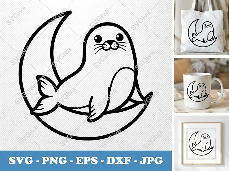 Seal on Moon SVG, Double-Outline Art, Clean Balance Cut File | PNG DXF EPS | Cricut Silhouette Design