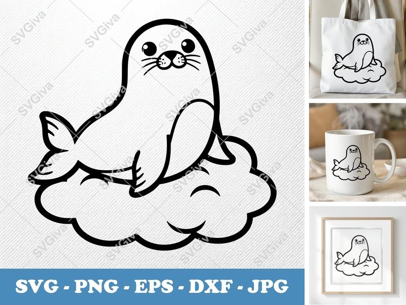 Seal Sitting on a Cloud SVG | Minimalist Double-Outline Design | Thick Contour, Thin Lines | PNG DXF EPS | Cricut Silhouette File
