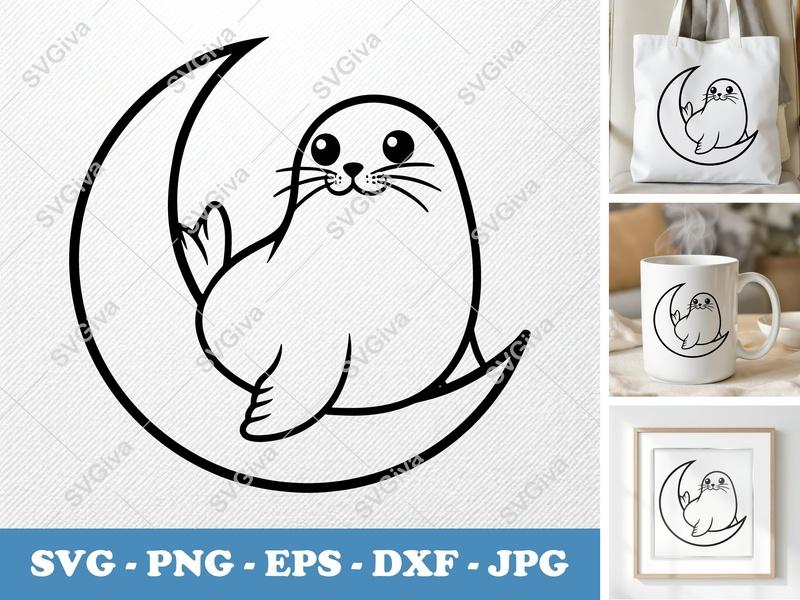 Seal Sitting on a Moon SVG PNG DXF EPS | Cute Animal Cut File for Cricut Silhouette