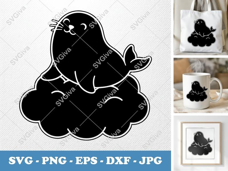 Seal Sitting on Cloud SVG PNG DXF EPS | Cricut Silhouette Cut File | Cute Animal Design Vector