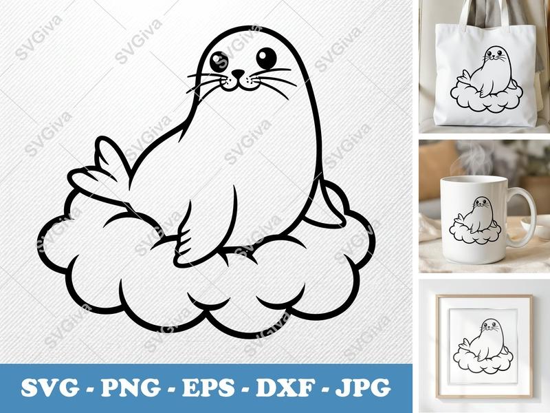 Seal Sitting on Cloud SVG PNG DXF EPS | Cute Animal Cut File for Cricut Silhouette