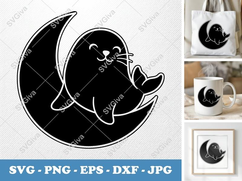 Seal Sitting on Moon SVG PNG DXF EPS | Cute Animal Cut File for Cricut Silhouette Projects