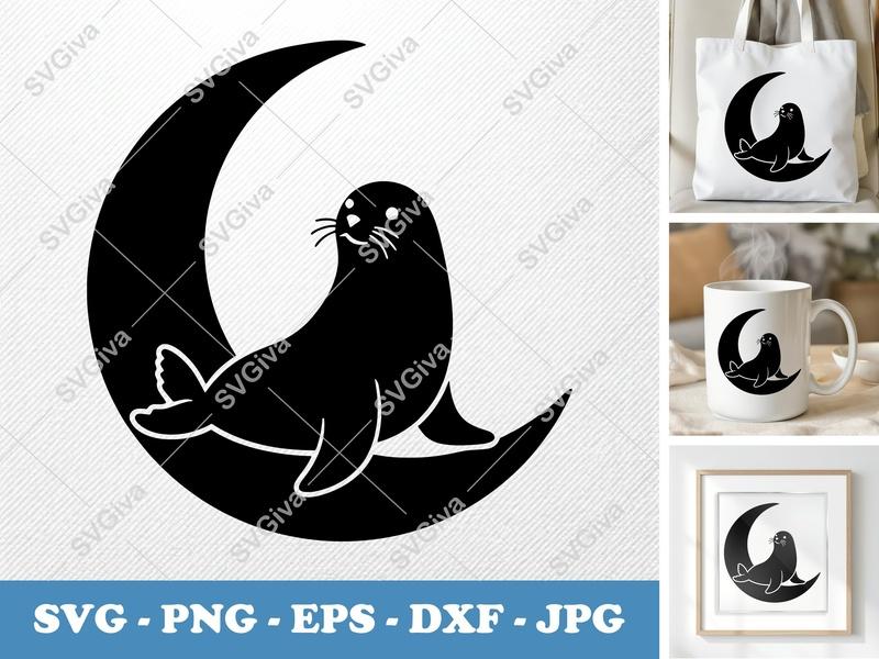 Seal Sitting on Moon SVG | Puffy Seal Cut File PNG DXF EPS for Cricut Silhouette