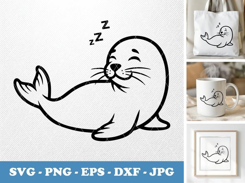 Seal sleeping Bold Outline SVG, Cute Animal Clipart, Cricut Cut File, Silhouette Design, PNG DXF EPS Vector Files