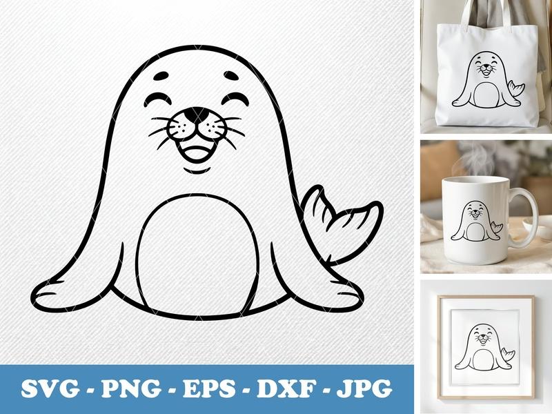 Seal smiling happily, Rounded body, friendly bean-shaped SVG, PNG, EPS, DXF Cut File for Cricut, Silhouette, Clipart Design