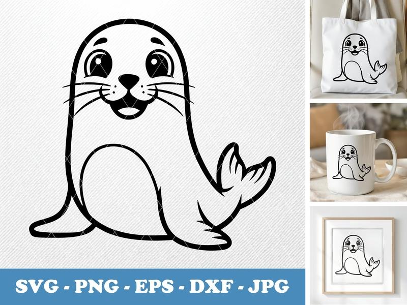 Seal smiling happily SVG, Bold Contour Animal Cut File, Svg Files, Cricut Design, Sea Lion Clipart, Png Dxf Eps Vector