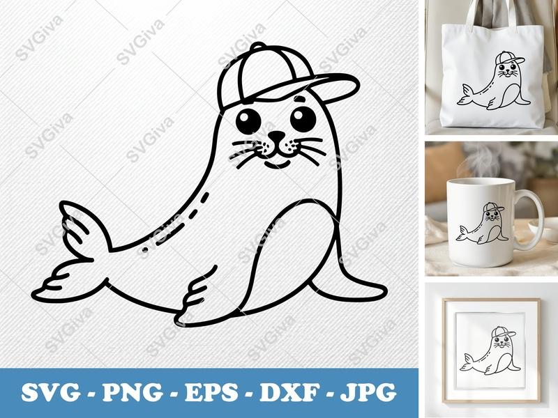 Seal SVG | Cute Baby Seal with Cap | Cartoon Animal Cut File | PNG EPS DXF for Cricut, Silhouette, Vector Clipart