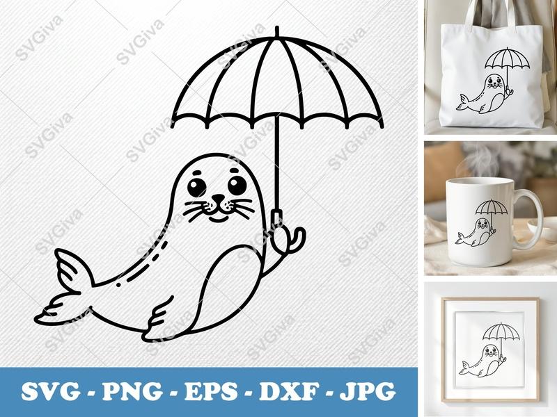 Seal SVG | Cute Umbrella Seal Cut File | Modern Animal Clipart | PNG EPS DXF for Cricut Silhouette