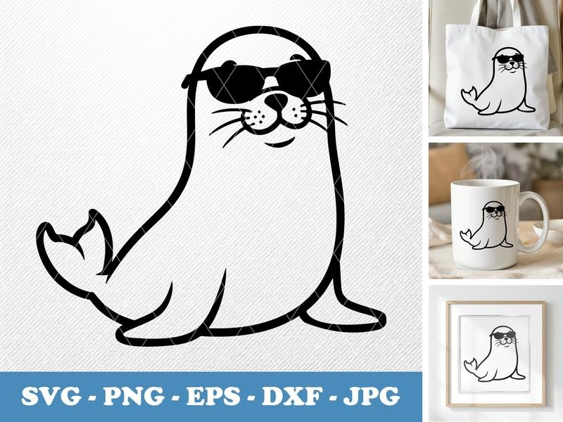 Seal wearing sunglasses Bold Contour SVG, Cool Animal Svg, Seal Cut File, Cricut Silhouette, Png Dxf Eps, Vector Clipart
