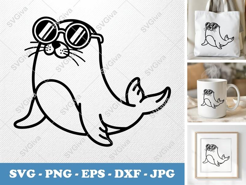 Seal Wearing Sunglasses SVG | Double Outline Minimalist Design | Thick Contour Thin Lines | PNG DXF EPS | Cricut Silhouette Cut File