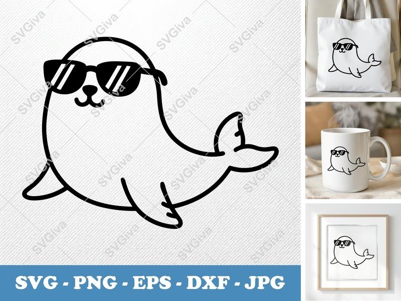 Seal Wearing Sunglasses SVG | Minimalist Bold Outline Cut File | PNG DXF EPS for Cricut Silhouette