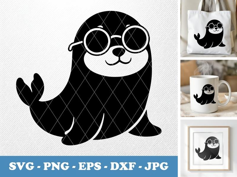 Seal wearing sunglasses SVG, Puffy Shape Seal Cut File, Animal Clipart, Cricut Design, Silhouette Svg Files, Png Eps Dxf Vector