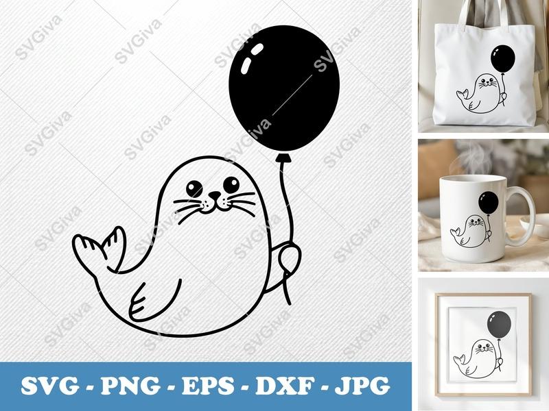 Seal with Balloon SVG | Puffy Inflated Animal Design | PNG DXF EPS for Cricut & Silhouette