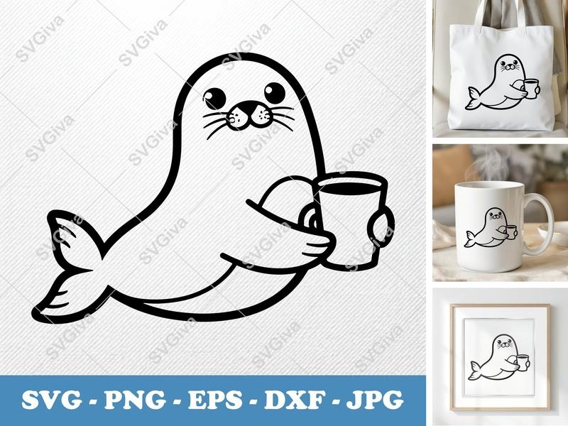 Seal with Coffee Cup SVG | Double-Outline Simple Design PNG DXF EPS | Cricut Silhouette File