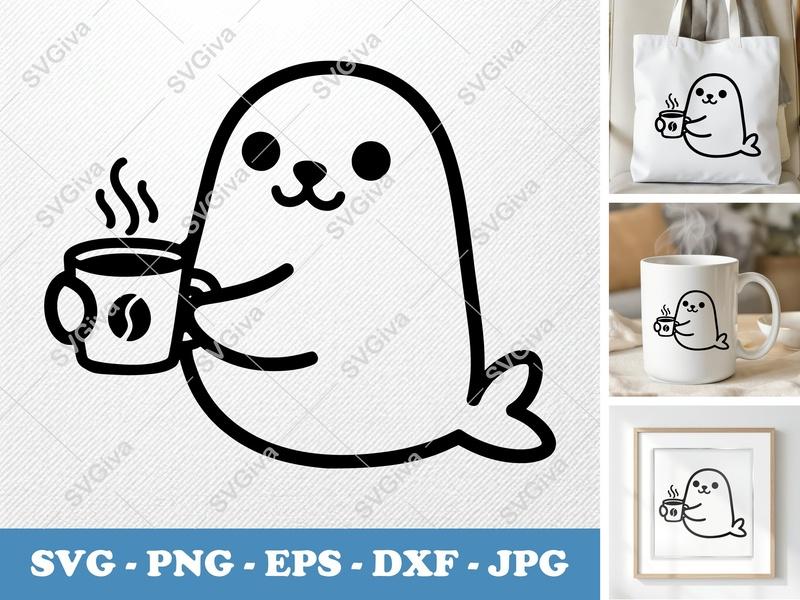 Seal with Coffee Cup SVG PNG DXF EPS | Cricut Silhouette Cut File | Coffee Lover Seal Design