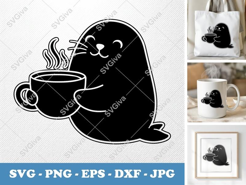 Seal with Coffee Cup SVG PNG DXF EPS | Cricut Silhouette Cut File | Cute Animal Coffee Lover Design
