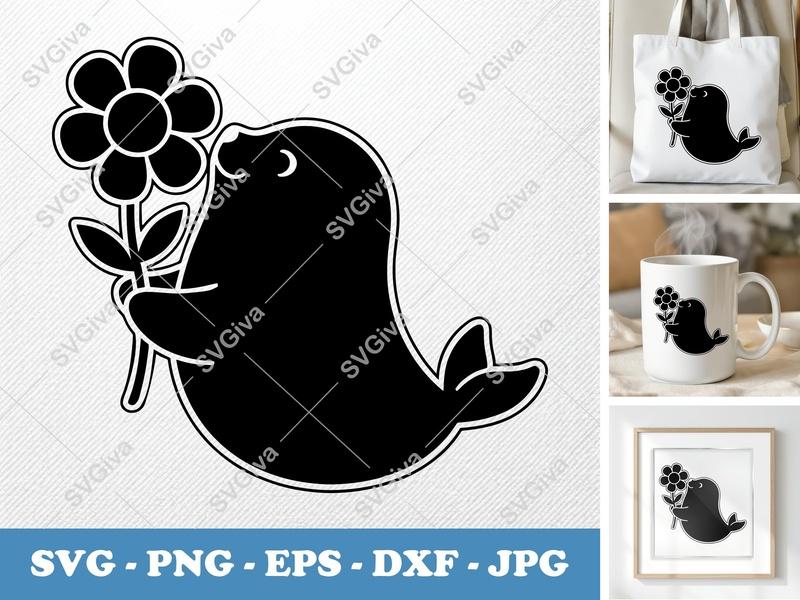 Seal with Flower SVG PNG DXF EPS | Cute Animal Cut File | Cricut Silhouette Design | Marine Life Vector Art