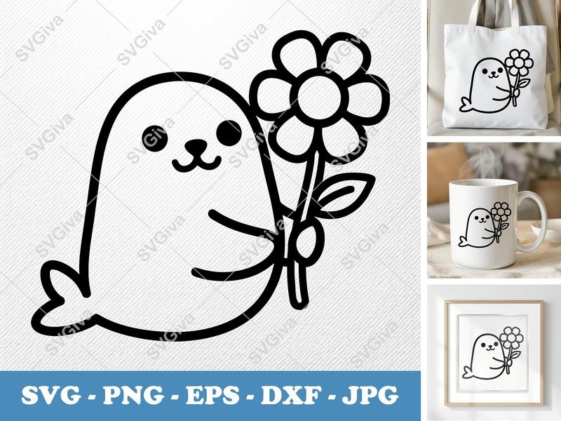 Seal with Flower SVG PNG DXF EPS | Cute Animal Cut File for Cricut Silhouette