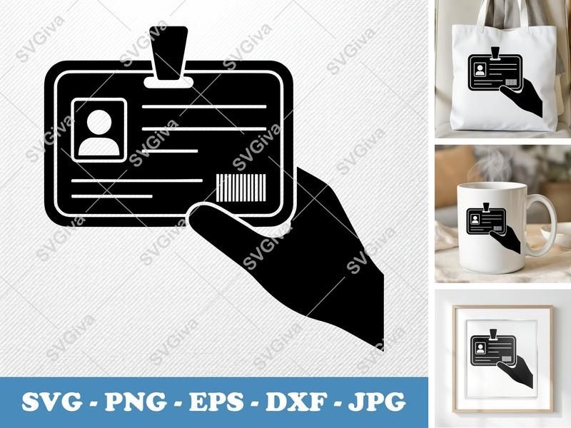 Security Badge in active use SVG | ID Card Hand Icon | Black Fill, White Contour | PNG DXF EPS for Cricut Silhouette