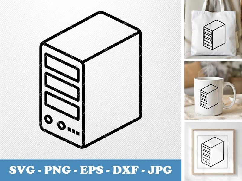 Server isometric angle SVG | Computer Tower Icon, PC Clip Art, Bold Outline | PNG EPS DXF for Cricut & Silhouette