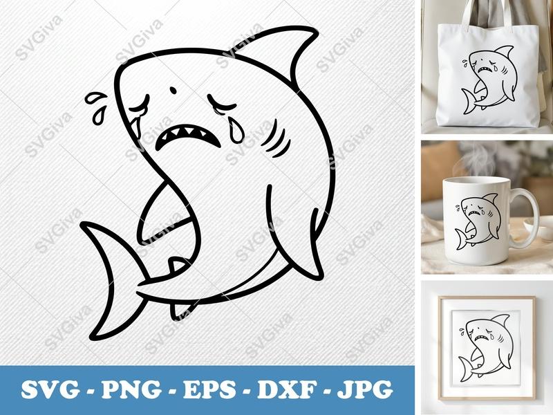 Shark Crying Double-Outline SVG | Thick Contour Line Art PNG DXF EPS | Cricut Silhouette Minimal Design