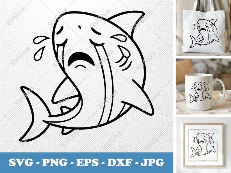 Shark Crying SVG | Double-Outline Minimalist Design | PNG DXF EPS | Cricut Silhouette File