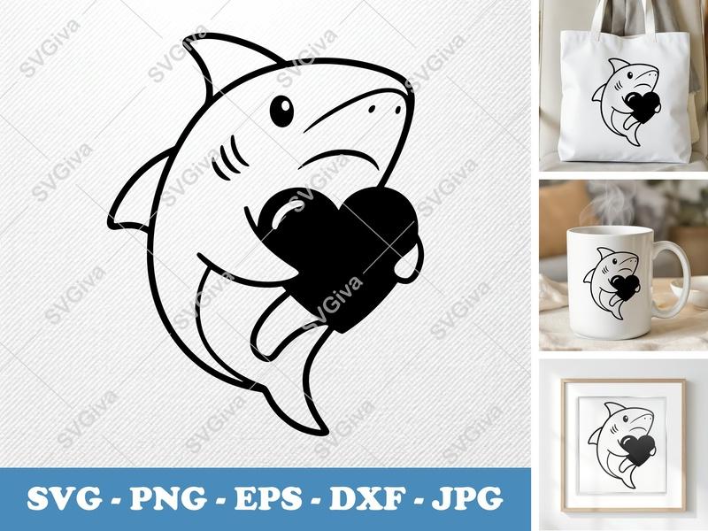 Shark holding a heart SVG | Bold Minimalist Vector | PNG DXF EPS | Cricut Silhouette Cut File