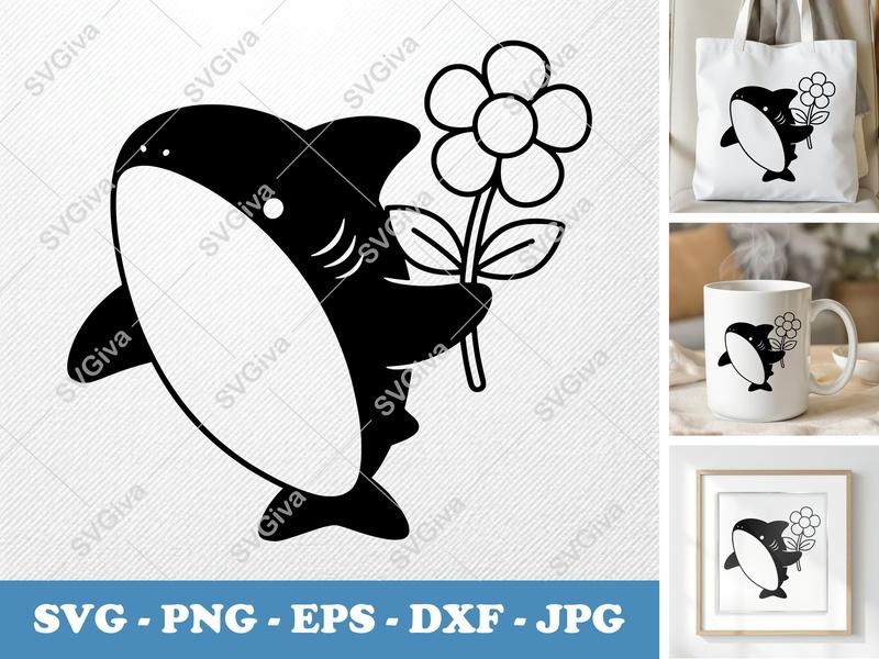 Shark Holding Flower SVG | Cute Modern Cartoon PNG EPS DXF Cut File for Cricut Silhouette Projects